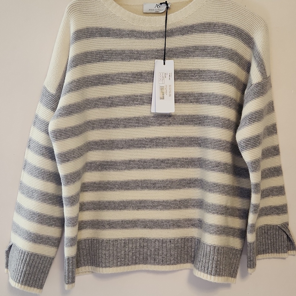 Anna Seravalli Gray Cream Striped Merino Wool Knit Sweater Sz 44/8-10